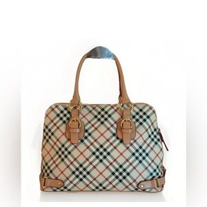 LC America Check Plaid Satchel Handbag Tan Faux Leather Gold Hardware